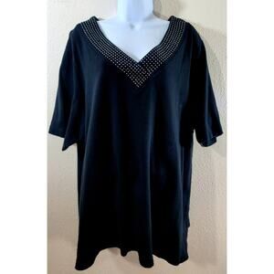 Quacker Factory Black Rhinestone V Neck Top 3X Plus Lightweight Soft Stretch